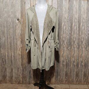 Knox Rose M Utility Jacket Lace Crochet Trim Hooded Pockets Rayon Boho Green